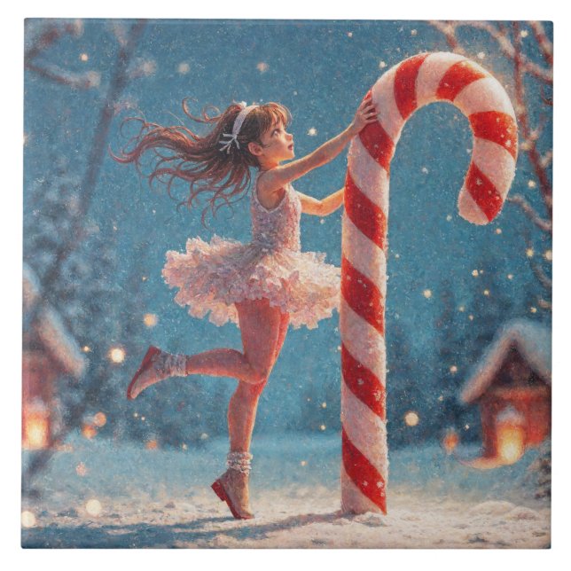 Ballerina Anime Girl & Candy Cane Christmas Ceramic Tile (Front)