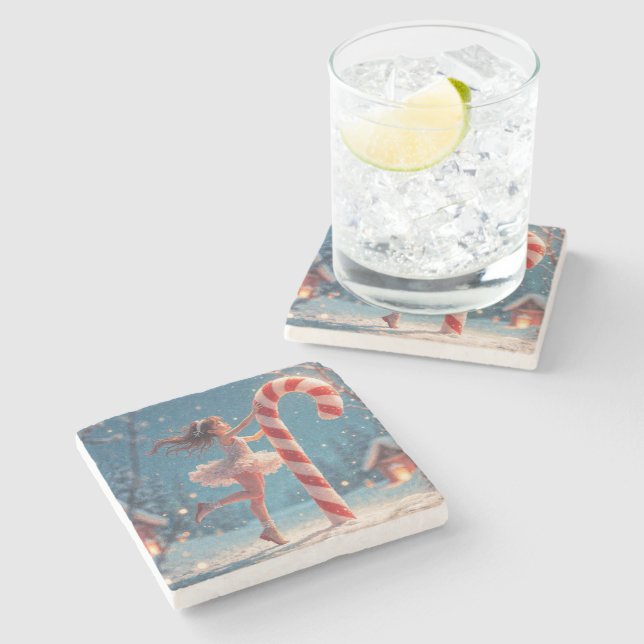 Ballerina Anime Girl & Candy Cane Christmas Stone Coaster (Side)