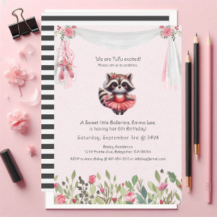 Ballerina Baby Girl Birthday Tutu Excited Racoon Invitation