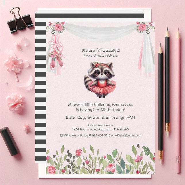 Ballerina Baby Girl Birthday Tutu Excited Racoon Invitation (Creator Uploaded)