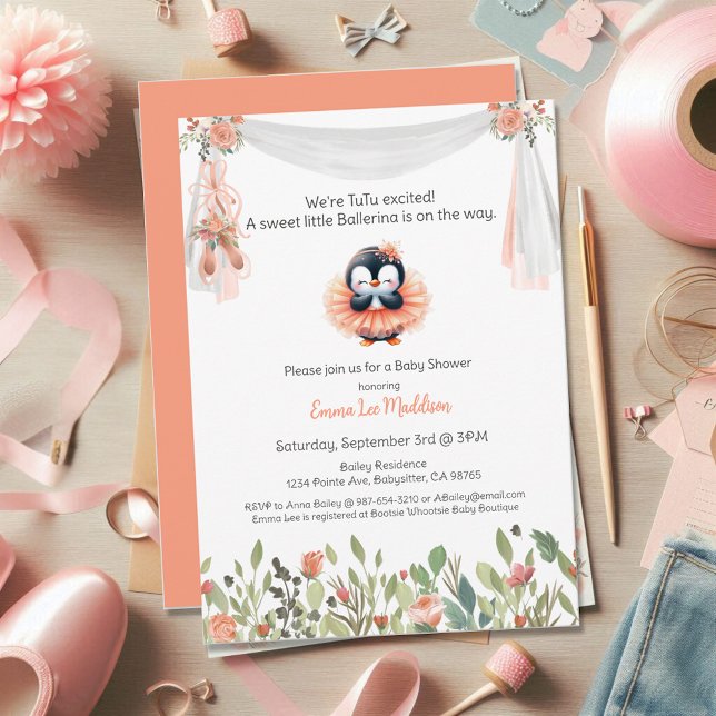 Ballerina Baby Girl Shower Tutu Excited Penguin Invitation (Creator Uploaded)