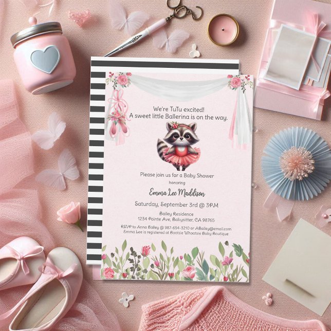 Ballerina Baby Girl Shower Tutu Excited Racoon Invitation (Creator Uploaded)