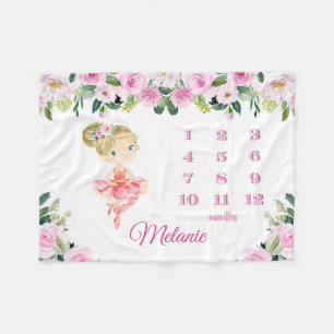 Ballerina Baby Monthly Milestone Tracker Pink  Fleece Blanket