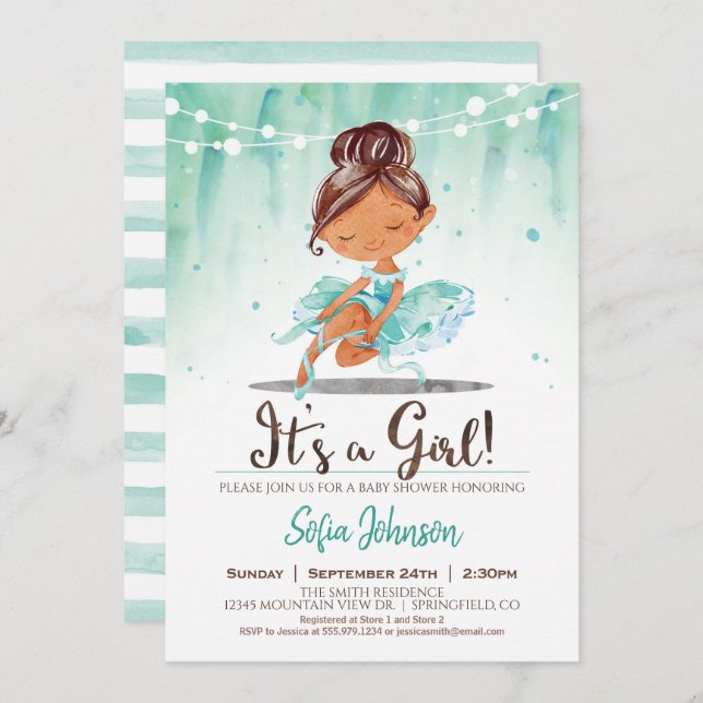 Ballerina Baby Shower Girl Mint Invitation (Front/Back)