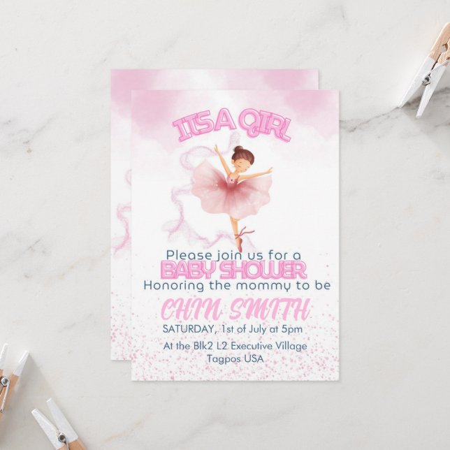 Ballerina Baby Shower Invatation Invitation (Front/Back In Situ)