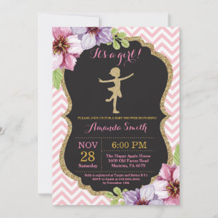 Ballerina Baby Shower Pink and Gold Glitter Invitation