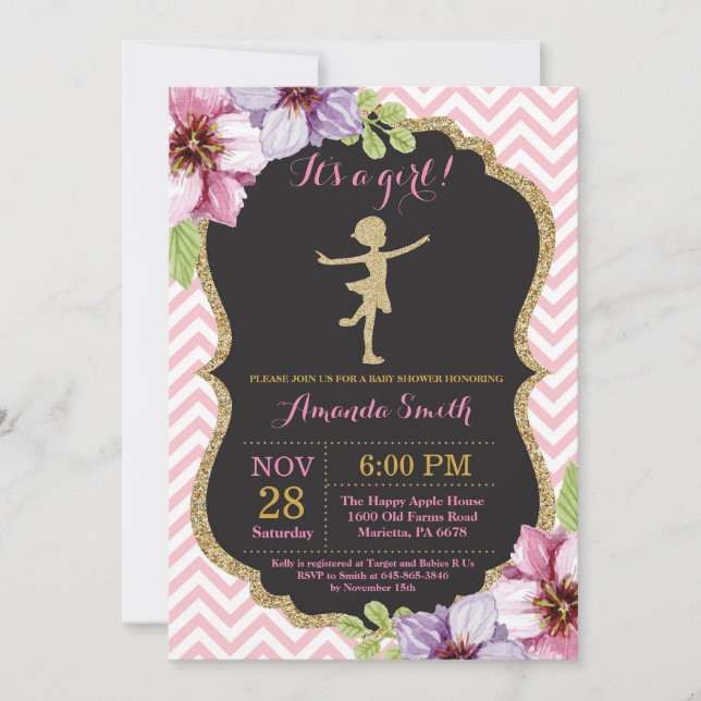 Ballerina Baby Shower Pink and Gold Glitter Invitation (Front)