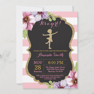 Ballerina Baby Shower Pink and Gold Glitter Invitation