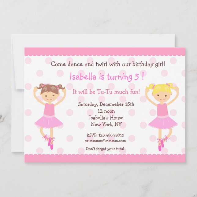 Ballerina Ballet Dance BIrthday Invitations (Front)