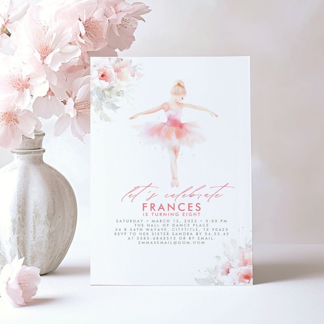 Ballerina Ballet Floral Pink Birthday Party Invitation (Ballerina Elegant Birthday Invitations)