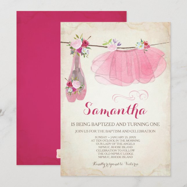 Ballerina Baptism and Birthday Tutu Ballet Shoes Invitation (Front/Back)