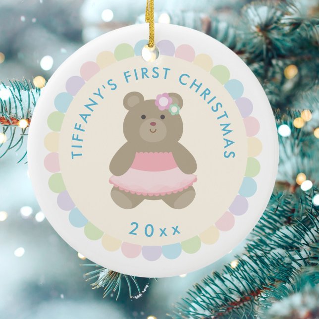Ballerina Bear | Baby Girl First Christmas Photo Ceramic Ornament (Creator Uploaded)