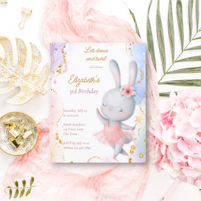 Ballerina birthday dancing bunny budget invitation (Creator Uploaded)