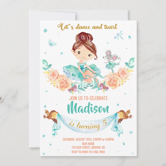 Ballerina birthday invitation Ballerina invitation (Front)