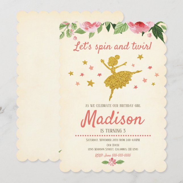 Ballerina Birthday Invitation / Vintage / Retro (Front/Back)