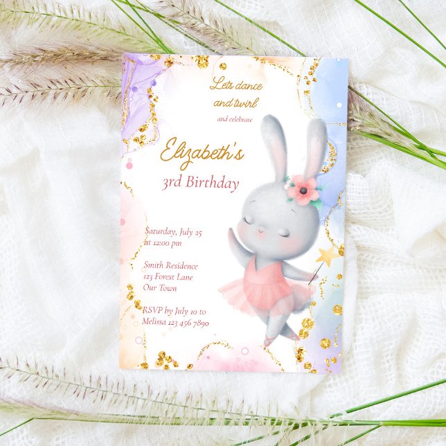 Ballerina birthday party cute dancing bunny  invitation (Creator Uploaded)
