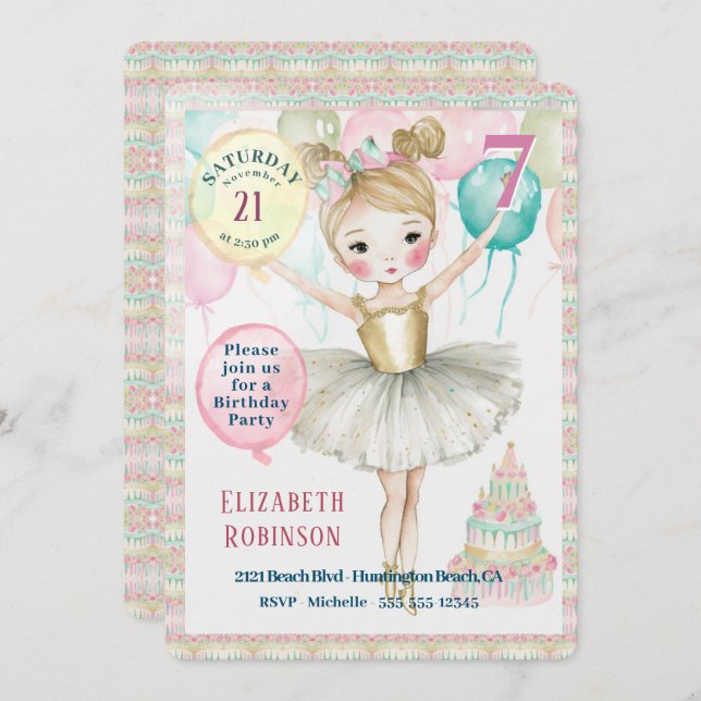  Ballerina Birthday Party Invitation (Front/Back)