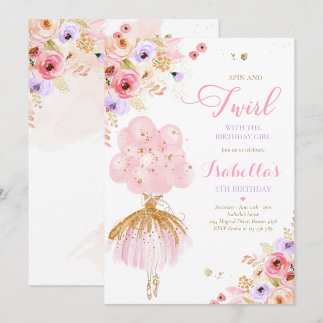 Ballerina Birthday Pink & Gold Floral Ballerina Invitation (Front/Back)