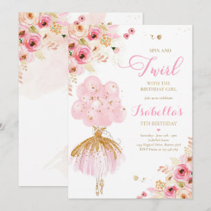 Ballerina Birthday Pink & Gold Floral Ballerina Invitation