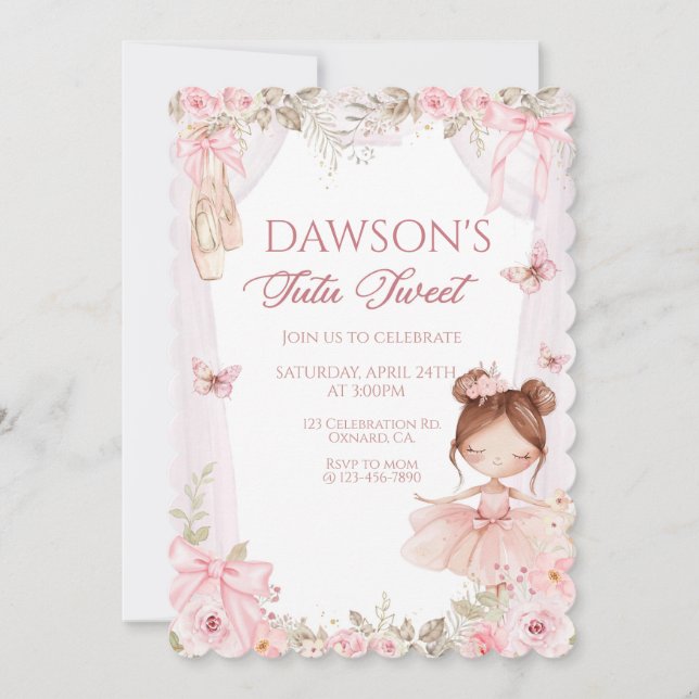 Ballerina Birthday, Tutu, Pink Tutu, Girl Birthday Invitation (Front)