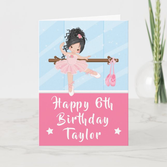 Ballerina Black Hair Girl Pink Happy Birthday Card (Front)
