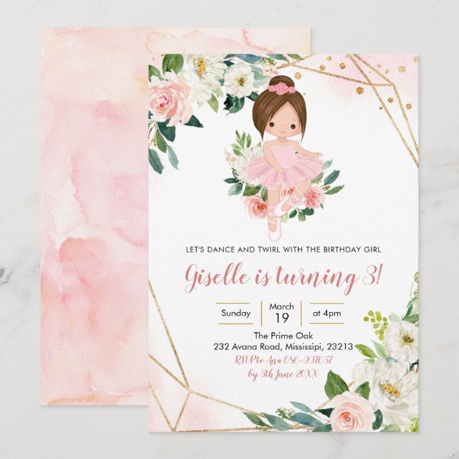 Ballerina Blonde Girl Pink Gold Floral Invitation (Front/Back)