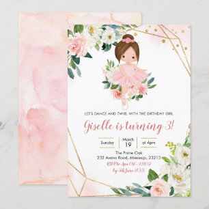 Ballerina Blonde Girl Pink Gold Floral Invitation