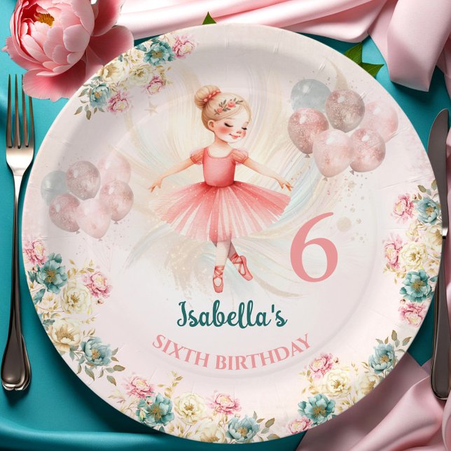 Ballerina Blonde Pink Teal Floral Birthday Paper Plate (Ballerina Blond Pink Teal Floral Birthday Paper Plates)