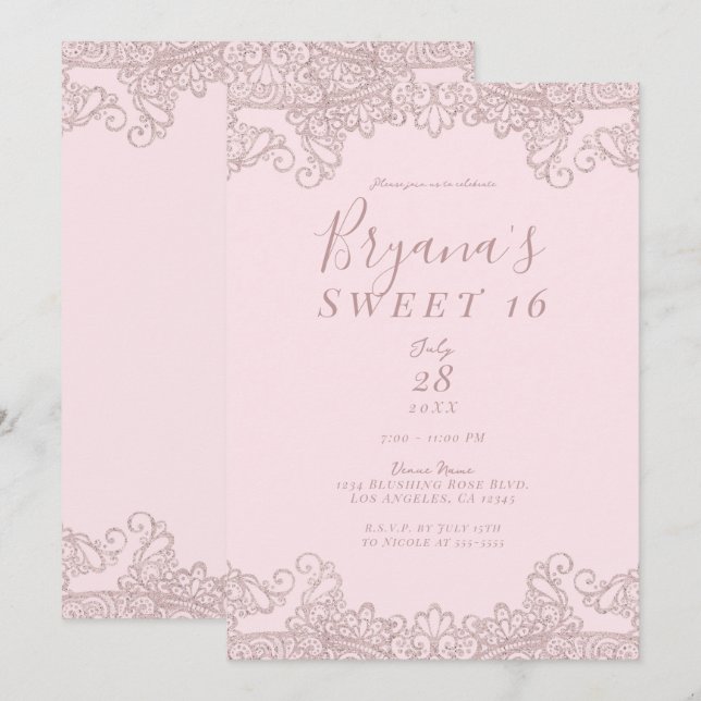 Ballerina Blush Pink Glitter Lace Sweet 16 Party  Invitation (Front/Back)