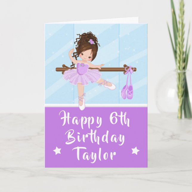 Ballerina Brown Hair Girl Purple Happy Birthday Ca Card (Front)
