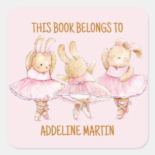 Ballerina Bunnies Dance Pink Child's Bookplate  Square Sticker