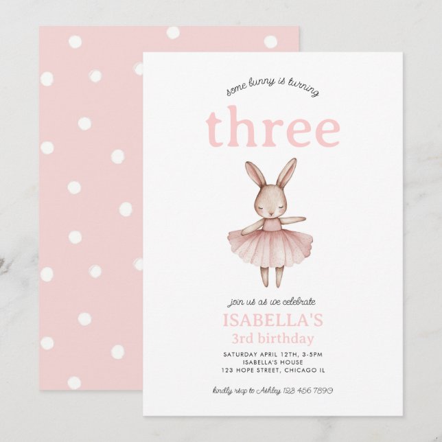 Ballerina Bunny Pink Rabbit Cute Girl 3rd Birthday Invitation (Front/Back)