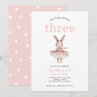 Ballerina Bunny Pink Rabbit Cute Girl 3rd Birthday Invitation