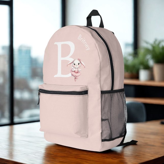 Ballerina Bunny Rabbit Monogram Name Pastel Pink Printed Backpack (Creator Uploaded)