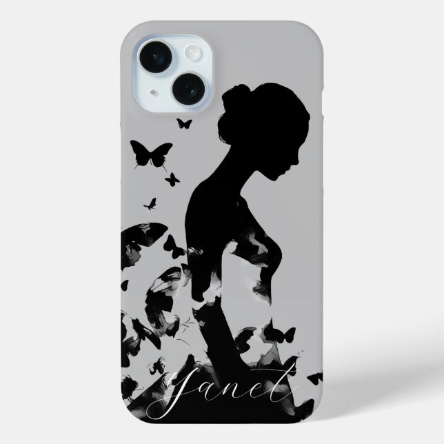 Ballerina & Butterflies Silhouette Black/Grey Name Case-Mate iPhone Case (Back)