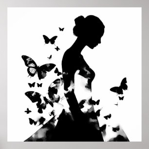 Ballerina & Butterflies Silhouette Black & White  Poster