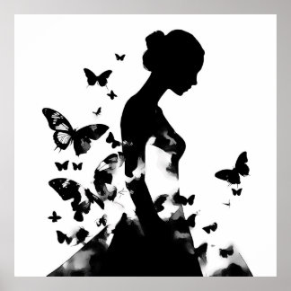 Ballerina & Butterflies Silhouette Black & White Poster