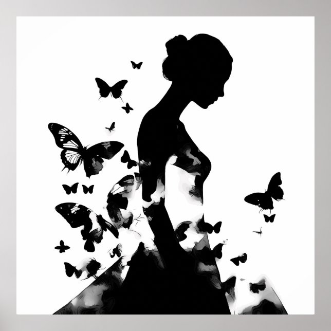 Ballerina & Butterflies Silhouette Black & White  Poster (Front)