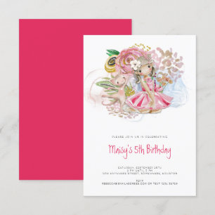 Ballerina Cat Florals Pink Girl 5th Birthday Party Invitation