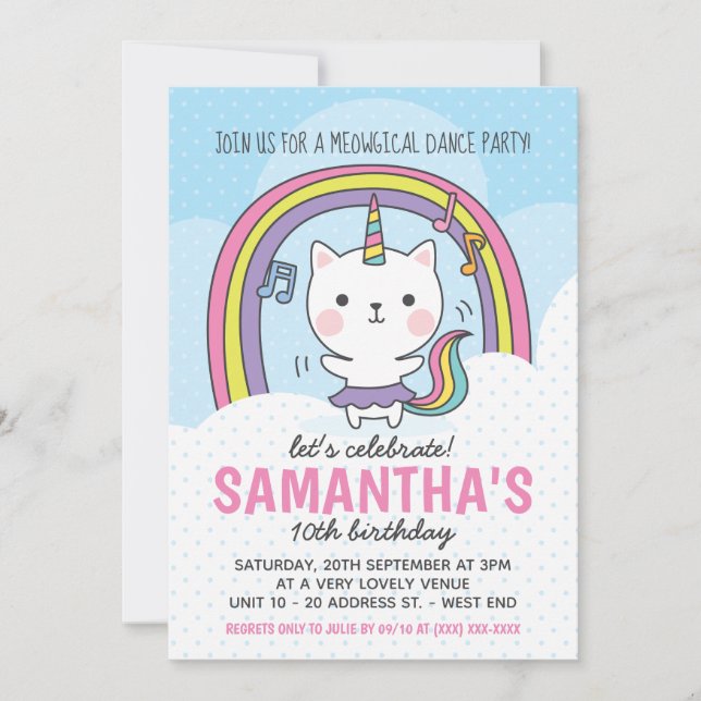 Ballerina Caticorn Cat Unicorn Party Invitation (Front)