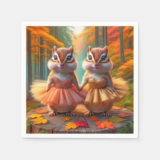 Ballerina Chipmunks On a Fall Tree Stump Napkin (Front)