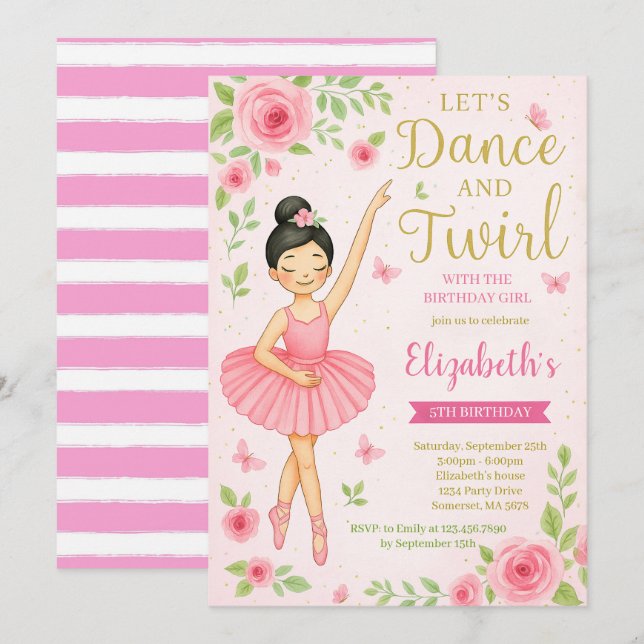 Ballerina Dance and Twirl Birthday  Invitation (Front/Back)