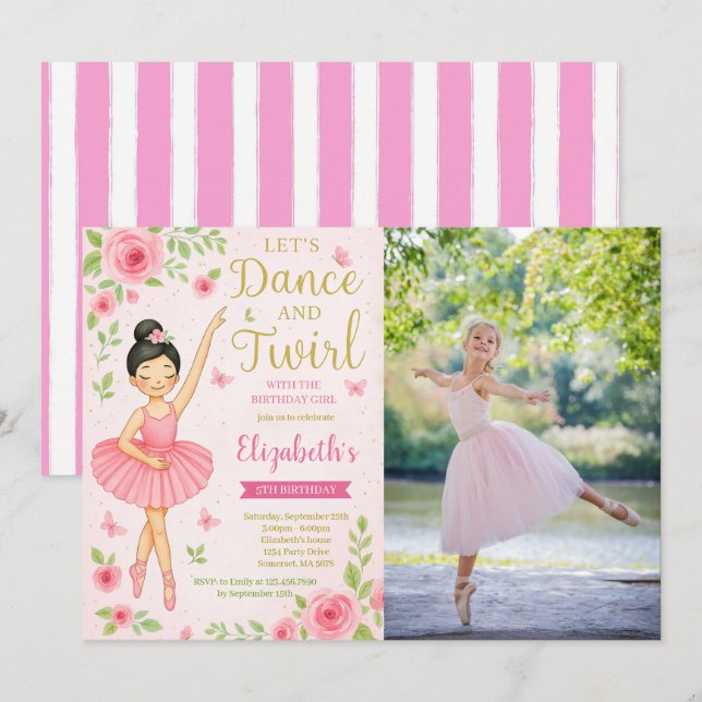 Ballerina Dance and Twirl Birthday Photo Invitation (Front/Back)