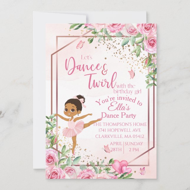 Ballerina dance pink watercolor birthday  invitation (Front)
