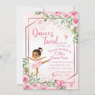 Ballerina dance pink watercolor birthday  invitation