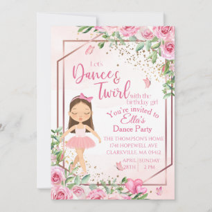 Ballerina dance pink watercolor birthday  invitation