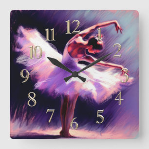 Ballerina Dancer Posing Pastel Drawing Purple Blue Square Wall Clock