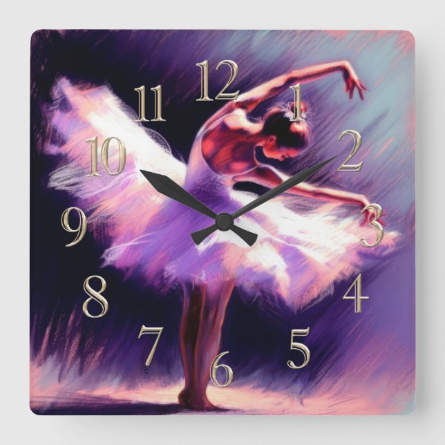 Ballerina Dancer Posing Pastel Drawing Purple Blue Square Wall Clock (Front)