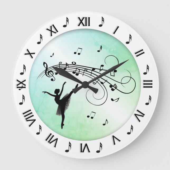 Ballerina Dancing with Music Notes Green Large Clock (Front)
