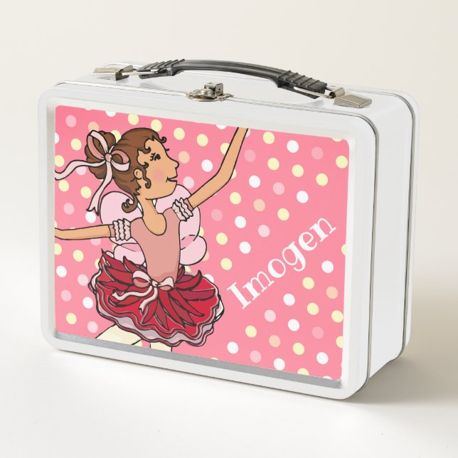 Ballerina dark hair girl pink red name lunch box (Front)